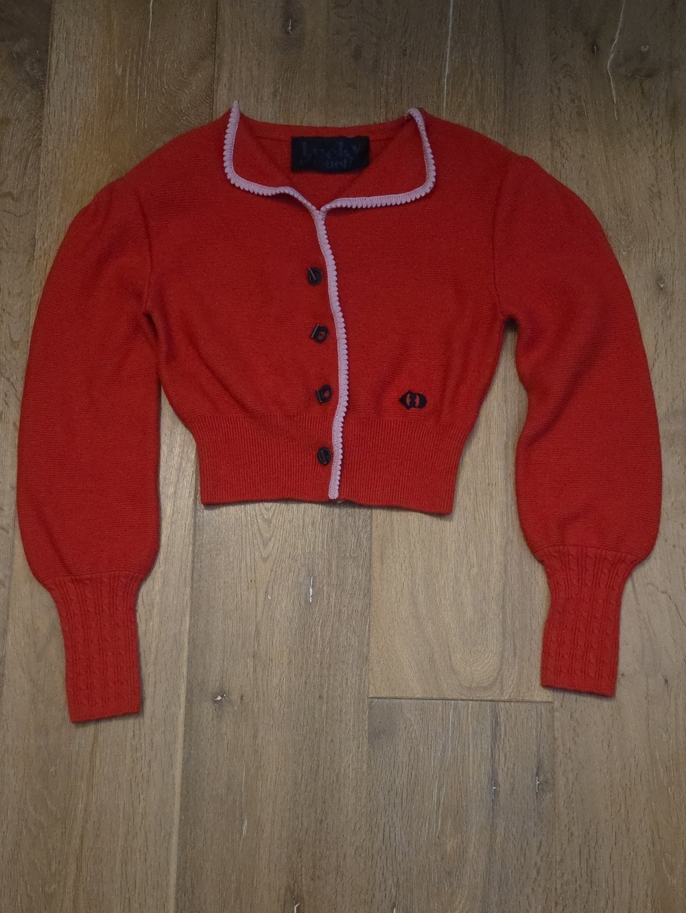 Lucky Chouette Korean Red Cardigan Sweater Cropped Wool Blend Vintage Style OS